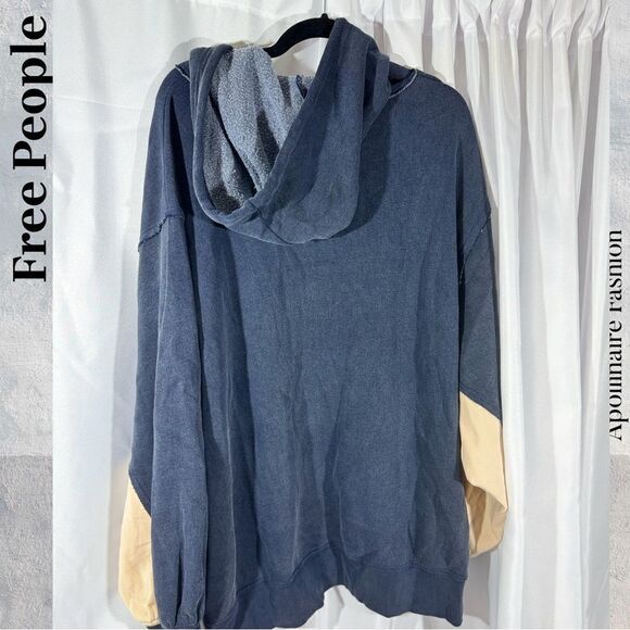 FREE PEOPLE JIMI HOODED SWEATSHIRT IN NAVY TAN COMBO LARGE NWT - Picture 5 of 6